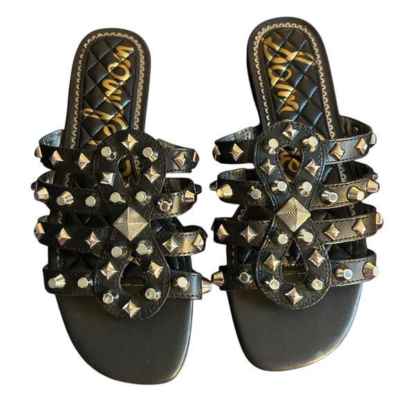 Sam Edelman Black Beatris Leather Sandals SZ 6.5 Studded Slip On Casual Open Toe - Picture 2 of 8